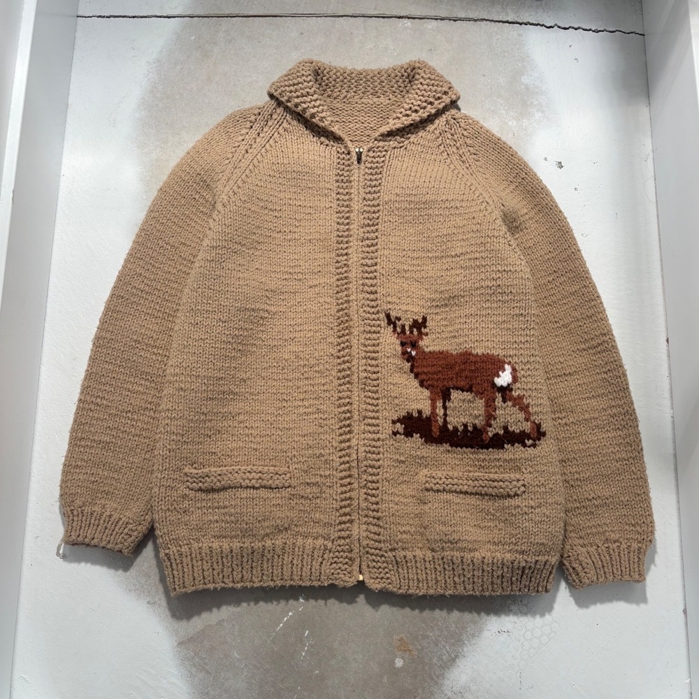 Vintage Cowichan Hand Knit Wool Jacket Deer Buck Tan Zip Cardigan Mens XL 22x28 - Picture 2 of 5